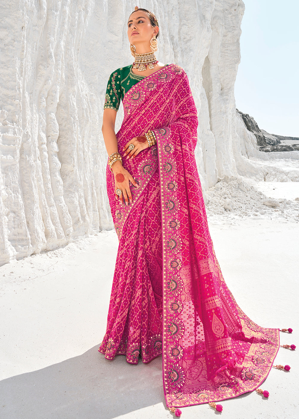 Buy Now Outstanding Rani Georgette Wedding Bandhani Patola Saree Online in Canada, UK, France, Germany, UAE, USA & Worldwide at Empress Clothing. 