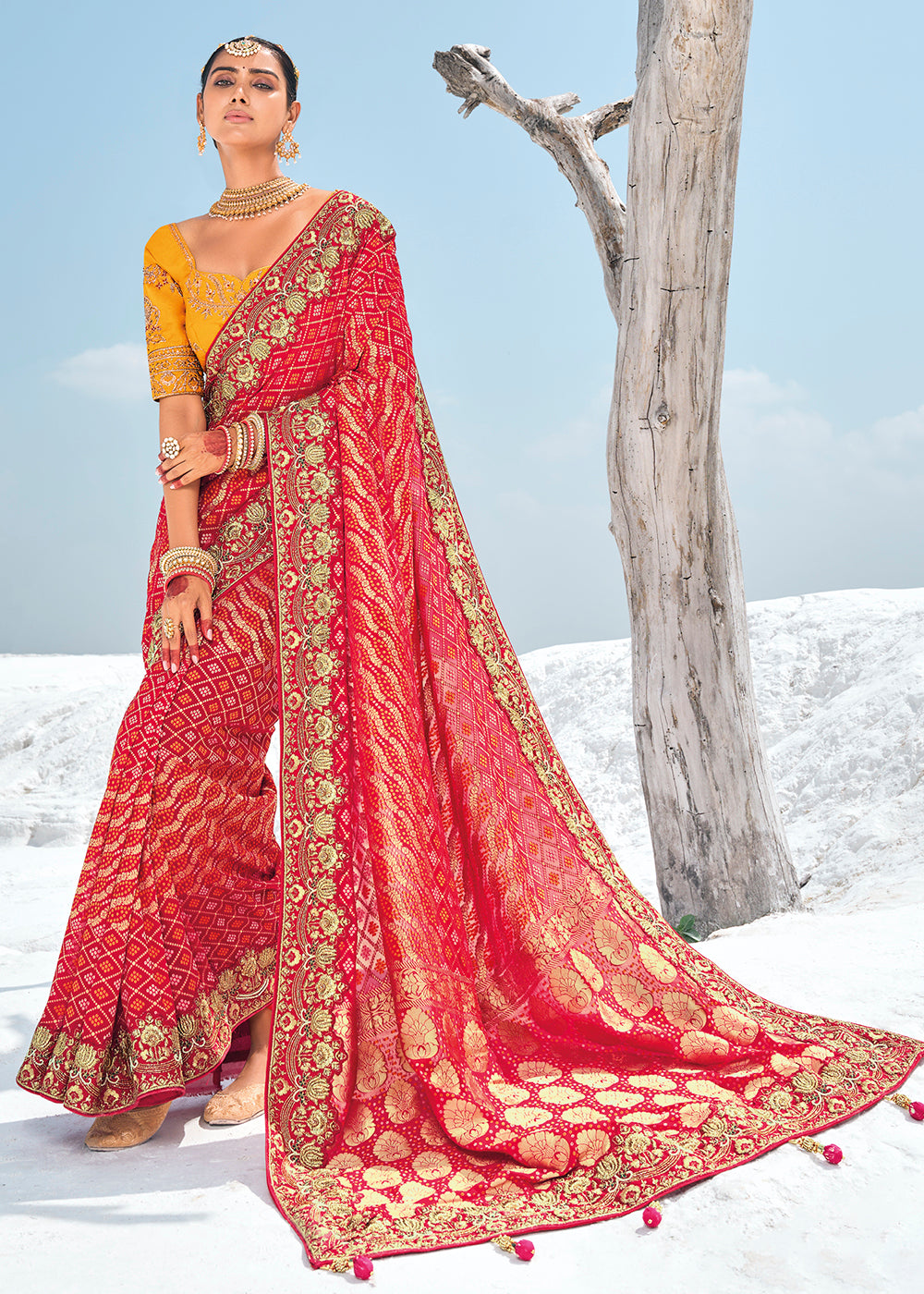 Buy Now Amazing Red Georgette Wedding Bandhani Patola Saree Online in Canada, UK, France, Germany, UAE, USA & Worldwide at Empress Clothing.