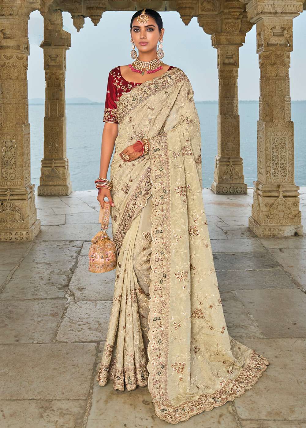 Buy Now Tempting Ivory Banarasi Silk Designer Traditional Saree Online in Canada, UK, France, Germany, UAE, USA & Worldwide at Empress Clothing. 