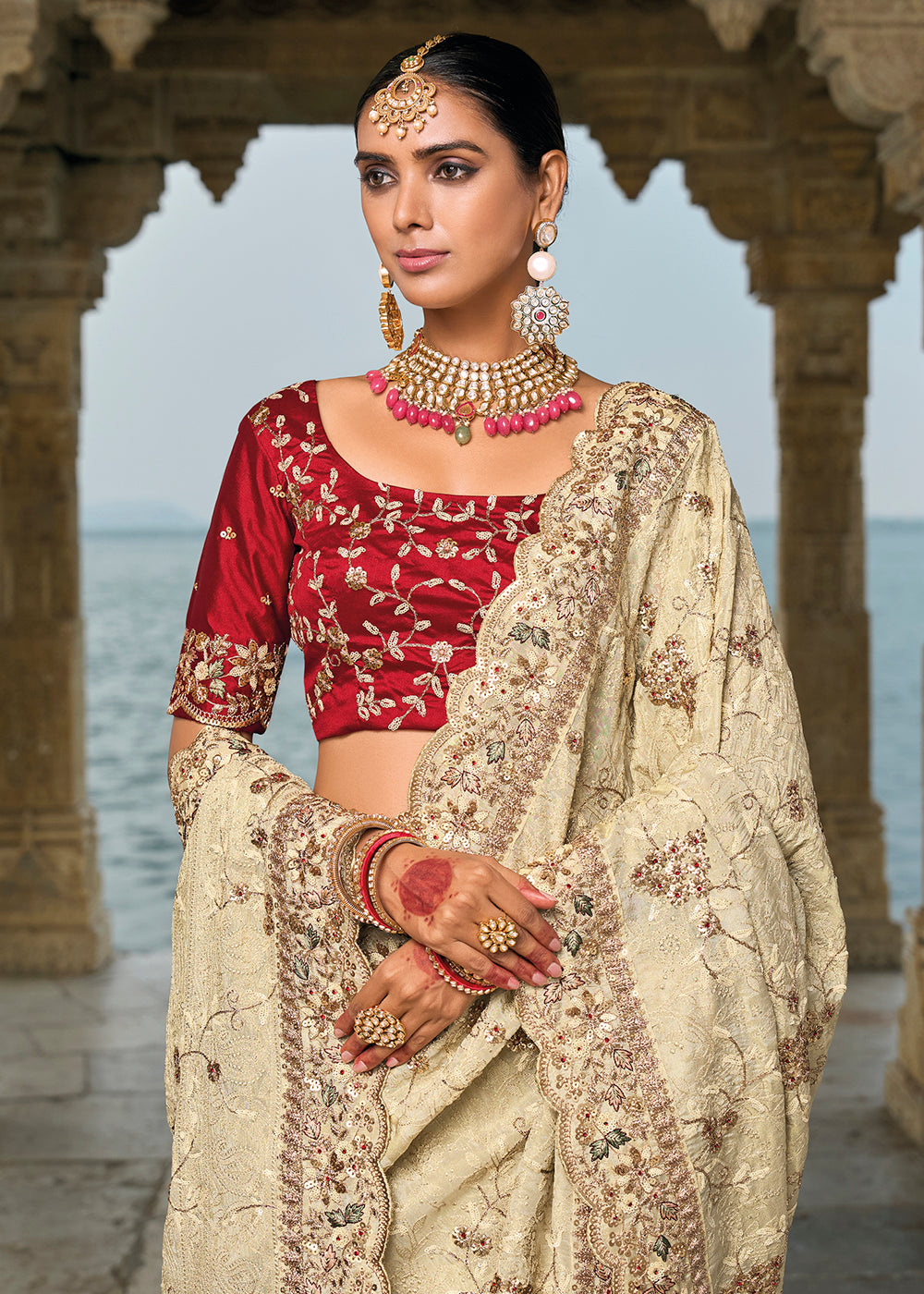 Buy Now Tempting Ivory Banarasi Silk Designer Traditional Saree Online in Canada, UK, France, Germany, UAE, USA & Worldwide at Empress Clothing. 