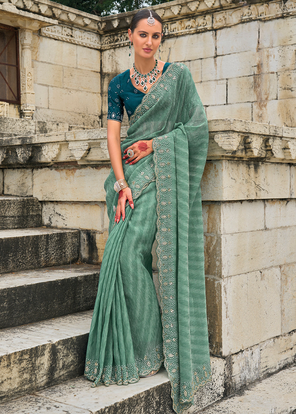 Buy Now Tempting Green Crush Tissue Designer Traditional Saree Online in Canada, UK, France, Germany, UAE, USA & Worldwide at Empress Clothing.