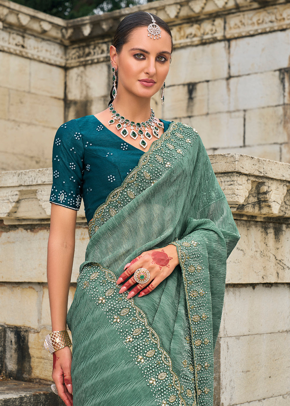 Buy Now Tempting Green Crush Tissue Designer Traditional Saree Online in Canada, UK, France, Germany, UAE, USA & Worldwide at Empress Clothing.