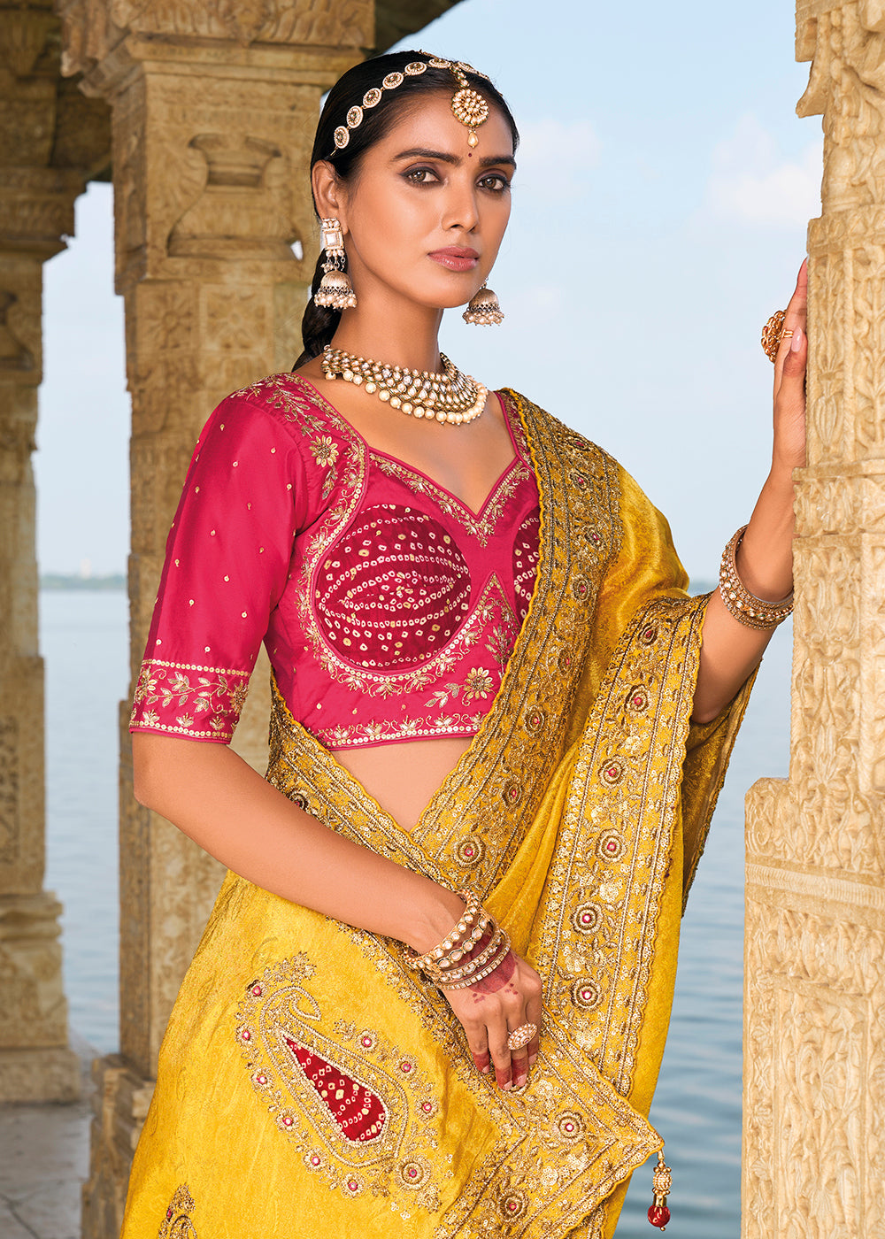 Buy Now Tempting Mustard Crape Jacquard Designer Traditional Saree Online in Canada, UK, France, Germany, UAE, USA & Worldwide at Empress Clothing. 