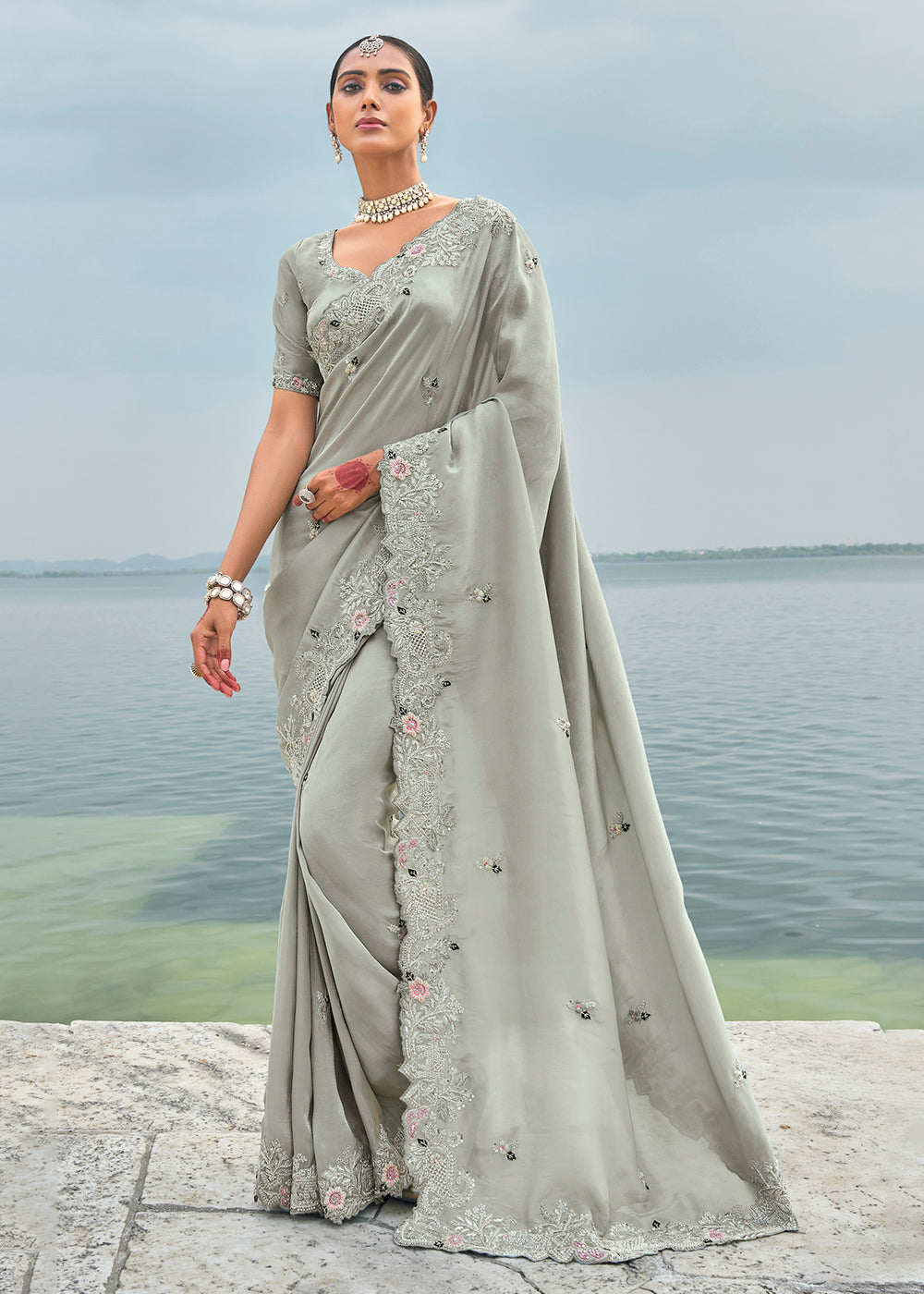 Buy Now Tempting Grey Banarasi Silk Designer Traditional Saree Online in Canada, UK, France, Germany, UAE, USA & Worldwide at Empress Clothing. 