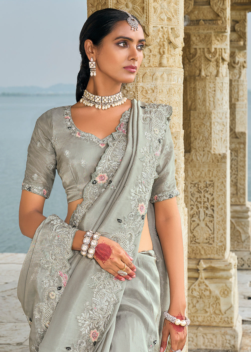 Buy Now Tempting Grey Banarasi Silk Designer Traditional Saree Online in Canada, UK, France, Germany, UAE, USA & Worldwide at Empress Clothing. 