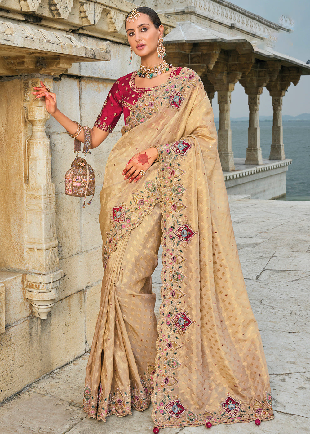 Buy Now Tempting Chiku Kanjivaram Silk Designer Traditional Saree Online in Canada, UK, France, Germany, UAE, USA & Worldwide at Empress Clothing.