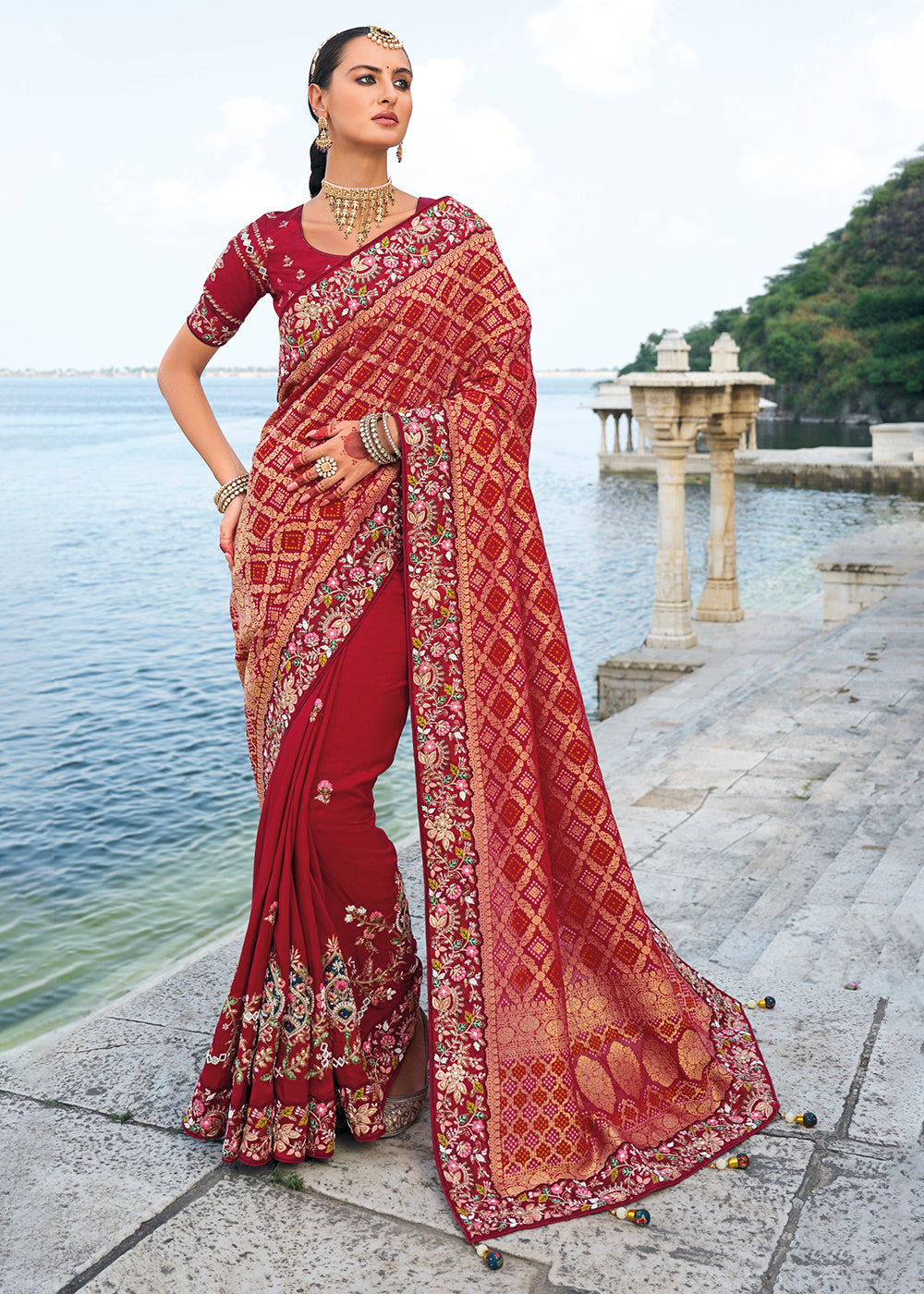 Buy Now Tempting Maroon Bandhej Silk Designer Traditional Saree Online in Canada, UK, France, Germany, UAE, USA & Worldwide at Empress Clothing. 