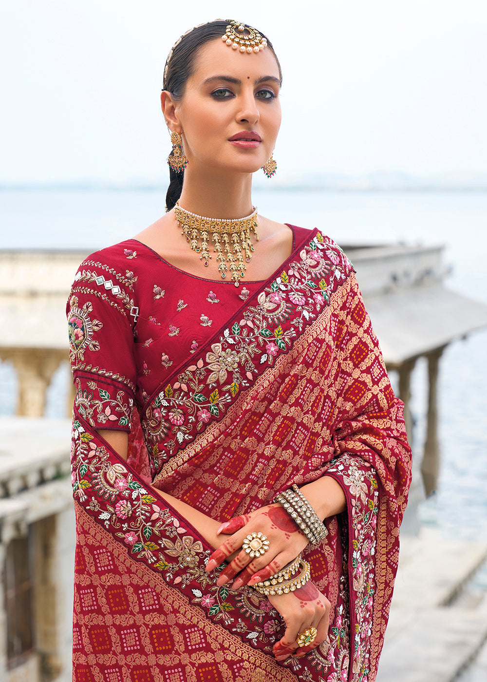 Buy Now Tempting Maroon Bandhej Silk Designer Traditional Saree Online in Canada, UK, France, Germany, UAE, USA & Worldwide at Empress Clothing. 