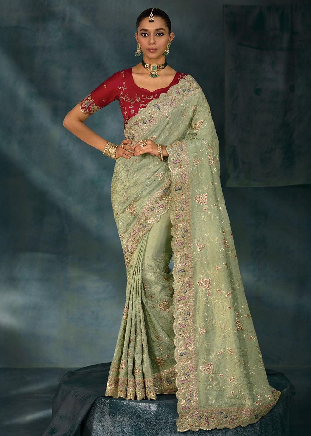 Buy Pista Green Cut Dana & Mirror Work Designer Saree Online in US, UK, Canada, France, Germany, Italy, Denmark, Singapore, Belgium, UAE & Worldwide at Empress.