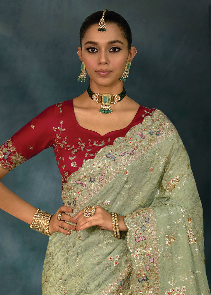 Buy Pista Green Cut Dana & Mirror Work Designer Saree Online in US, UK, Canada, France, Germany, Italy, Denmark, Singapore, Belgium, UAE & Worldwide at Empress.