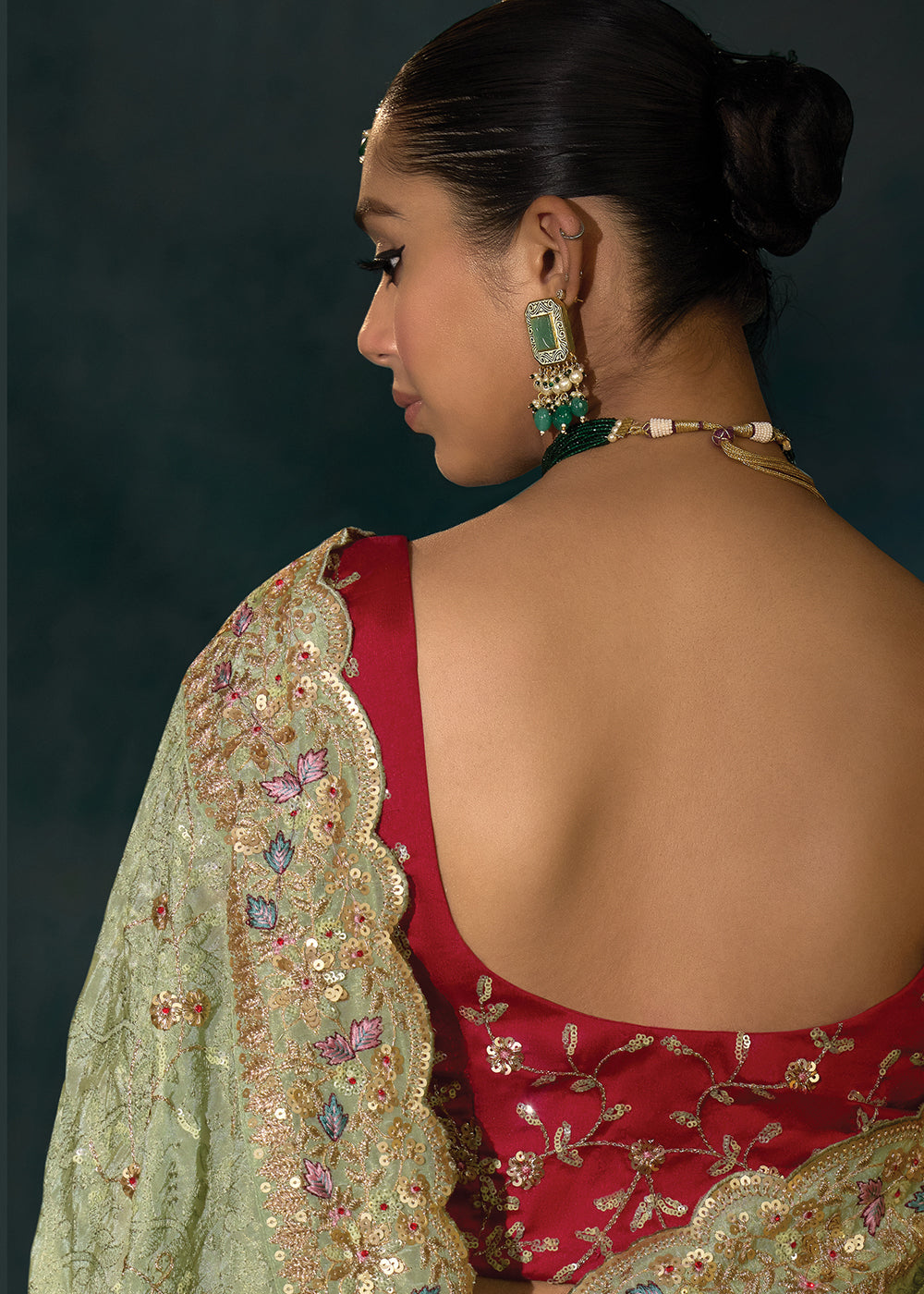 Buy Pista Green Cut Dana & Mirror Work Designer Saree Online in US, UK, Canada, France, Germany, Italy, Denmark, Singapore, Belgium, UAE & Worldwide at Empress.