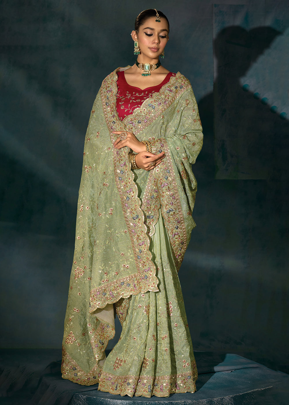 Buy Pista Green Cut Dana & Mirror Work Designer Saree Online in US, UK, Canada, France, Germany, Italy, Denmark, Singapore, Belgium, UAE & Worldwide at Empress.