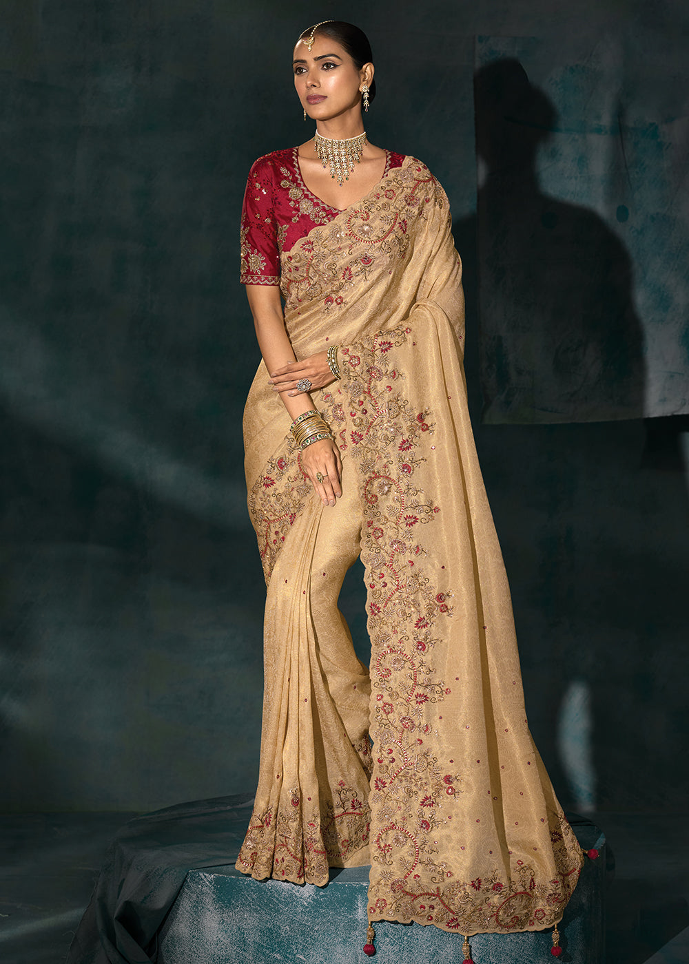 Buy Cream Cut Dana & Mirror Work Designer Saree Online in US, UK, Canada, France, Germany, Italy, Denmark, Singapore, Belgium, UAE & Worldwide at Empress.