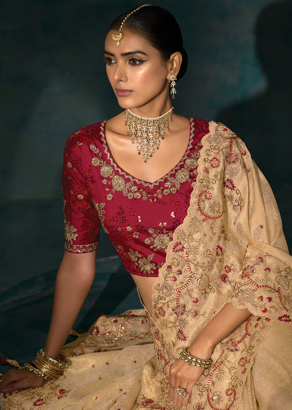 Buy Cream Cut Dana & Mirror Work Designer Saree Online in US, UK, Canada, France, Germany, Italy, Denmark, Singapore, Belgium, UAE & Worldwide at Empress.