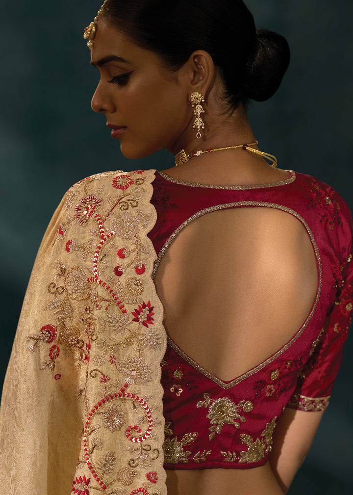 Buy Cream Cut Dana & Mirror Work Designer Saree Online in US, UK, Canada, France, Germany, Italy, Denmark, Singapore, Belgium, UAE & Worldwide at Empress.