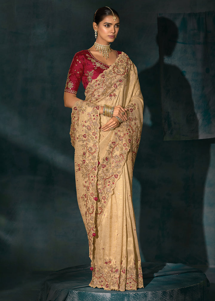 Buy Cream Cut Dana & Mirror Work Designer Saree Online in US, UK, Canada, France, Germany, Italy, Denmark, Singapore, Belgium, UAE & Worldwide at Empress.