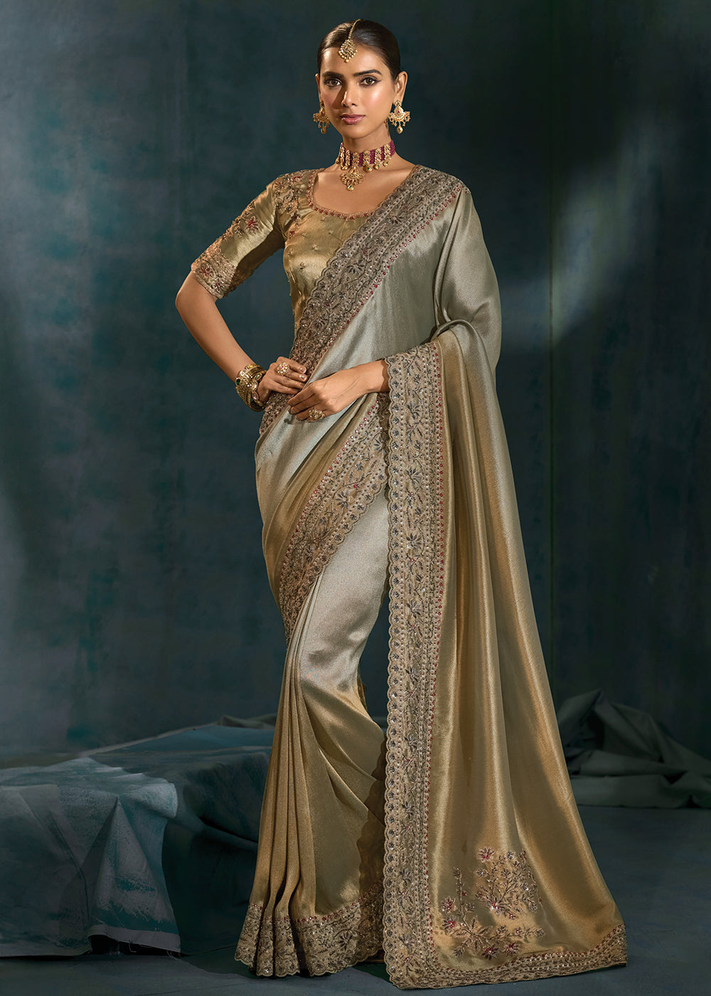 Buy Grey Cut Dana & Mirror Work Designer Saree Online in US, UK, Canada, France, Germany, Italy, Denmark, Singapore, Belgium, UAE & Worldwide at Empress.