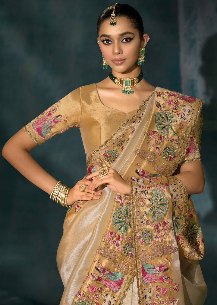 Buy Creamy Cut Dana & Mirror Work Designer Saree Online in US, UK, Canada, France, Germany, Italy, Denmark, Singapore, Belgium, UAE & Worldwide at Empress.