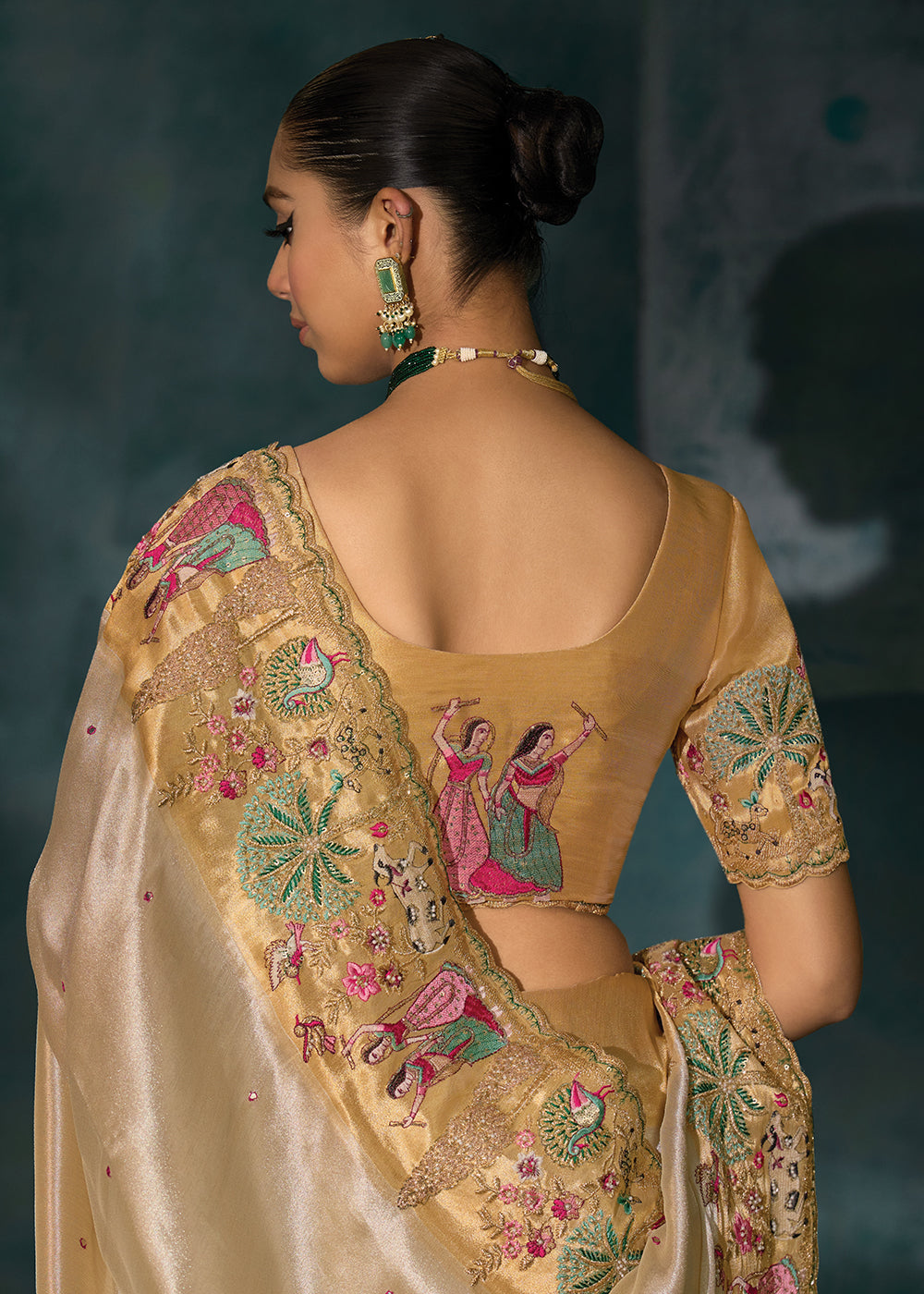 Buy Creamy Cut Dana & Mirror Work Designer Saree Online in US, UK, Canada, France, Germany, Italy, Denmark, Singapore, Belgium, UAE & Worldwide at Empress.