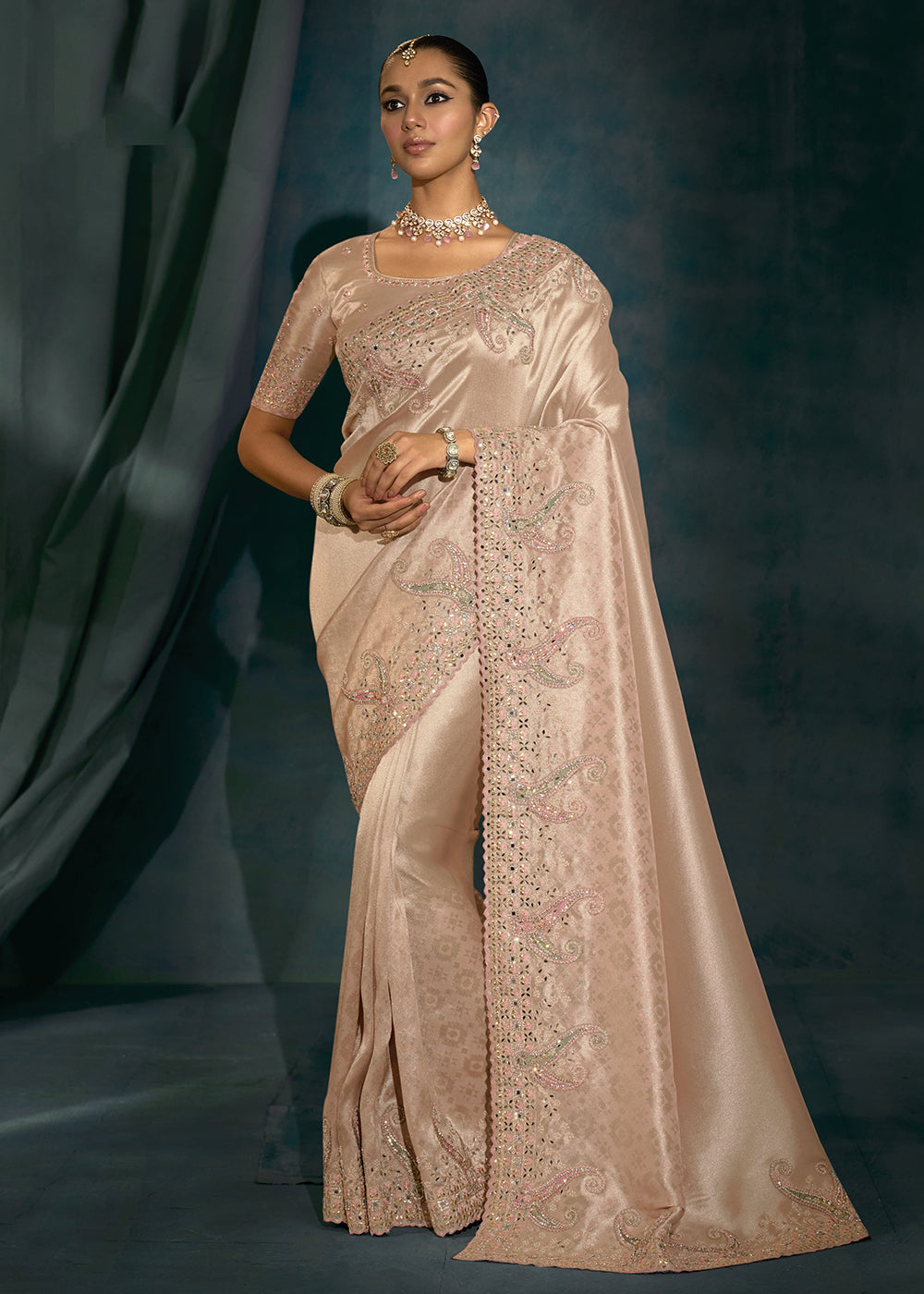 Buy Rose Gold Cut Dana & Mirror Work Designer Saree Online in US, UK, Canada, France, Germany, Italy, Denmark, Singapore, Belgium, UAE & Worldwide at Empress.