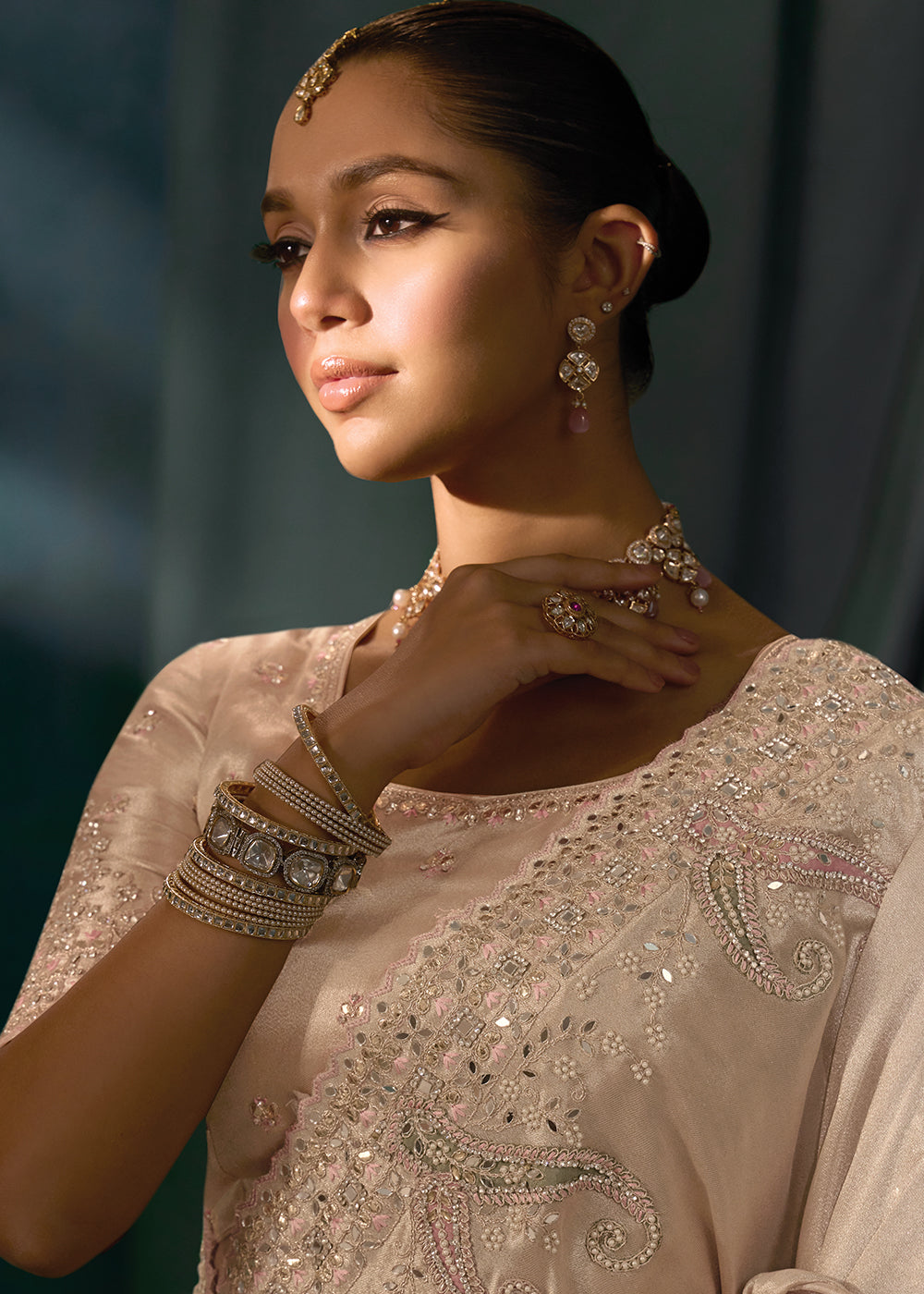 Buy Rose Gold Cut Dana & Mirror Work Designer Saree Online in US, UK, Canada, France, Germany, Italy, Denmark, Singapore, Belgium, UAE & Worldwide at Empress.