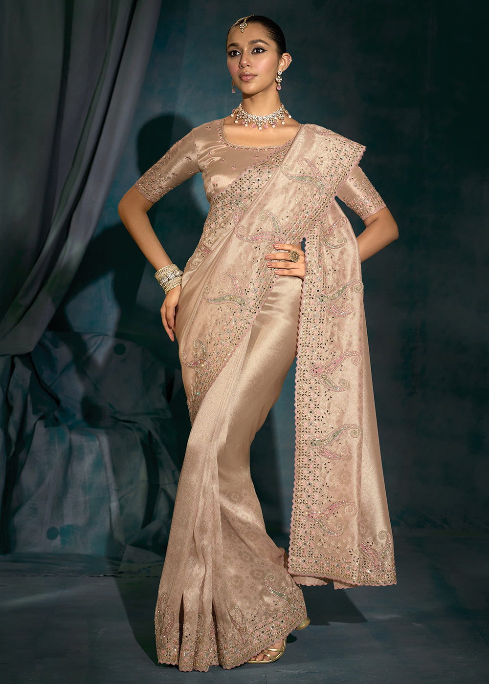 Buy Rose Gold Cut Dana & Mirror Work Designer Saree Online in US, UK, Canada, France, Germany, Italy, Denmark, Singapore, Belgium, UAE & Worldwide at Empress.