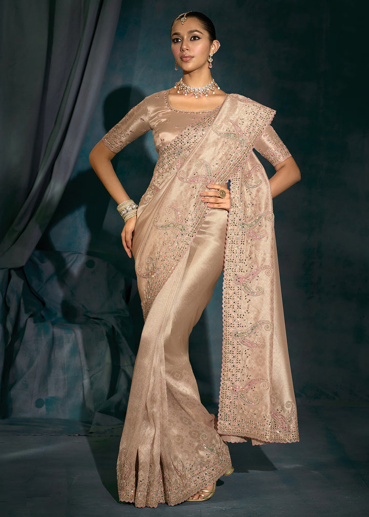 Buy Rose Gold Cut Dana & Mirror Work Designer Saree Online in US, UK, Canada, France, Germany, Italy, Denmark, Singapore, Belgium, UAE & Worldwide at Empress.