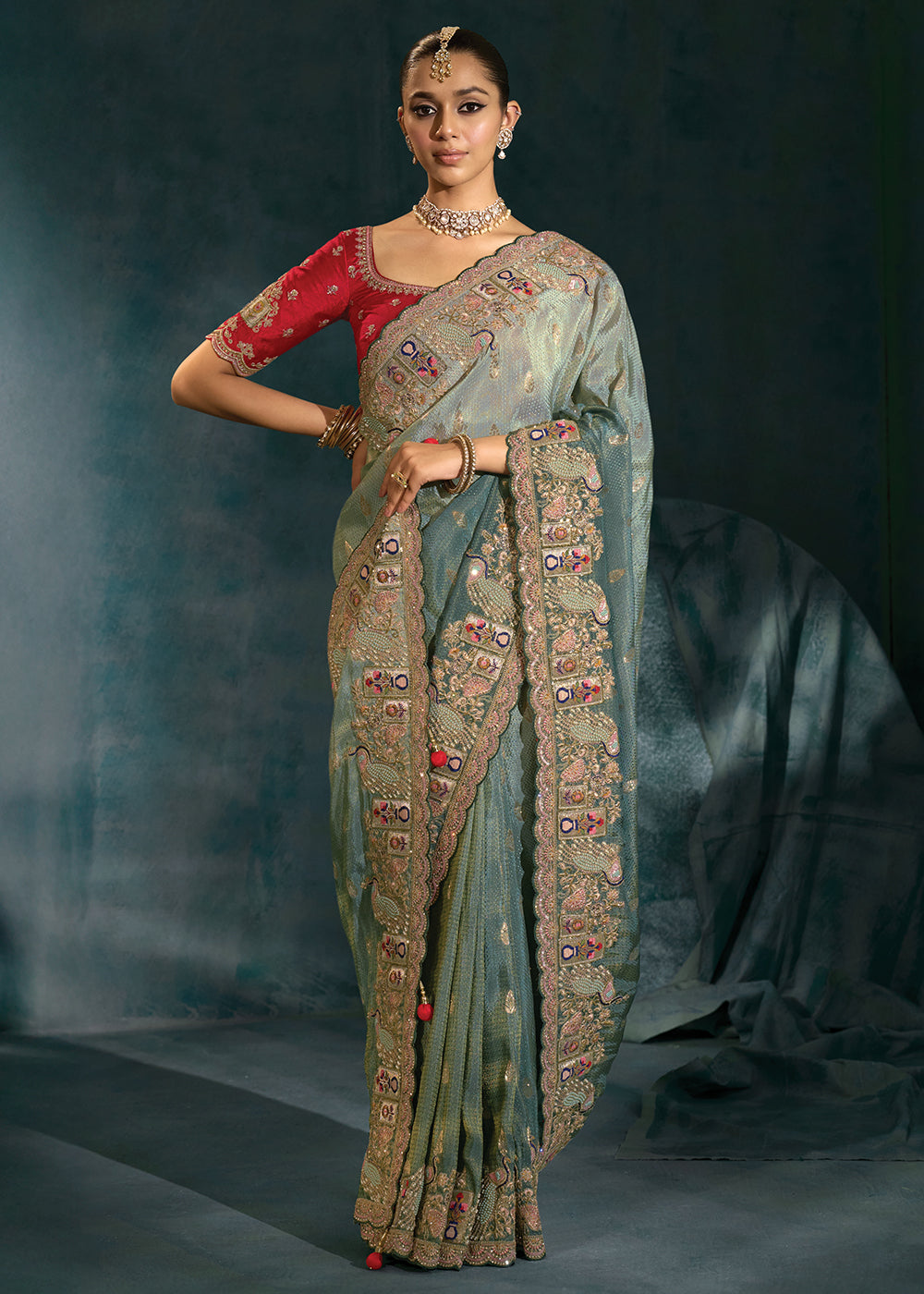 Buy Gray Cut Dana & Mirror Work Designer Saree Online in US, UK, Canada, France, Germany, Italy, Denmark, Singapore, Belgium, UAE & Worldwide at Empress.