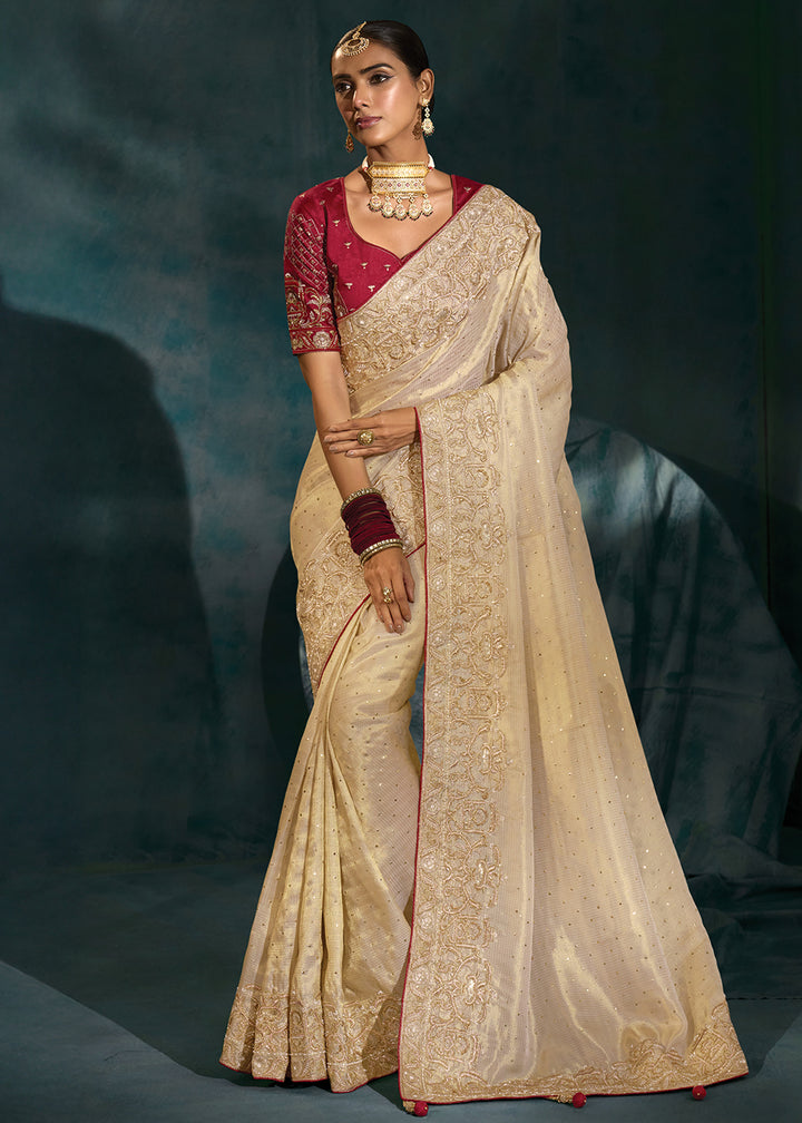 Buy Cream Silk Cut Dana & Mirror Work Designer Saree Online in US, UK, Canada, France, Germany, Italy, Denmark, Singapore, Belgium, UAE & Worldwide at Empress.