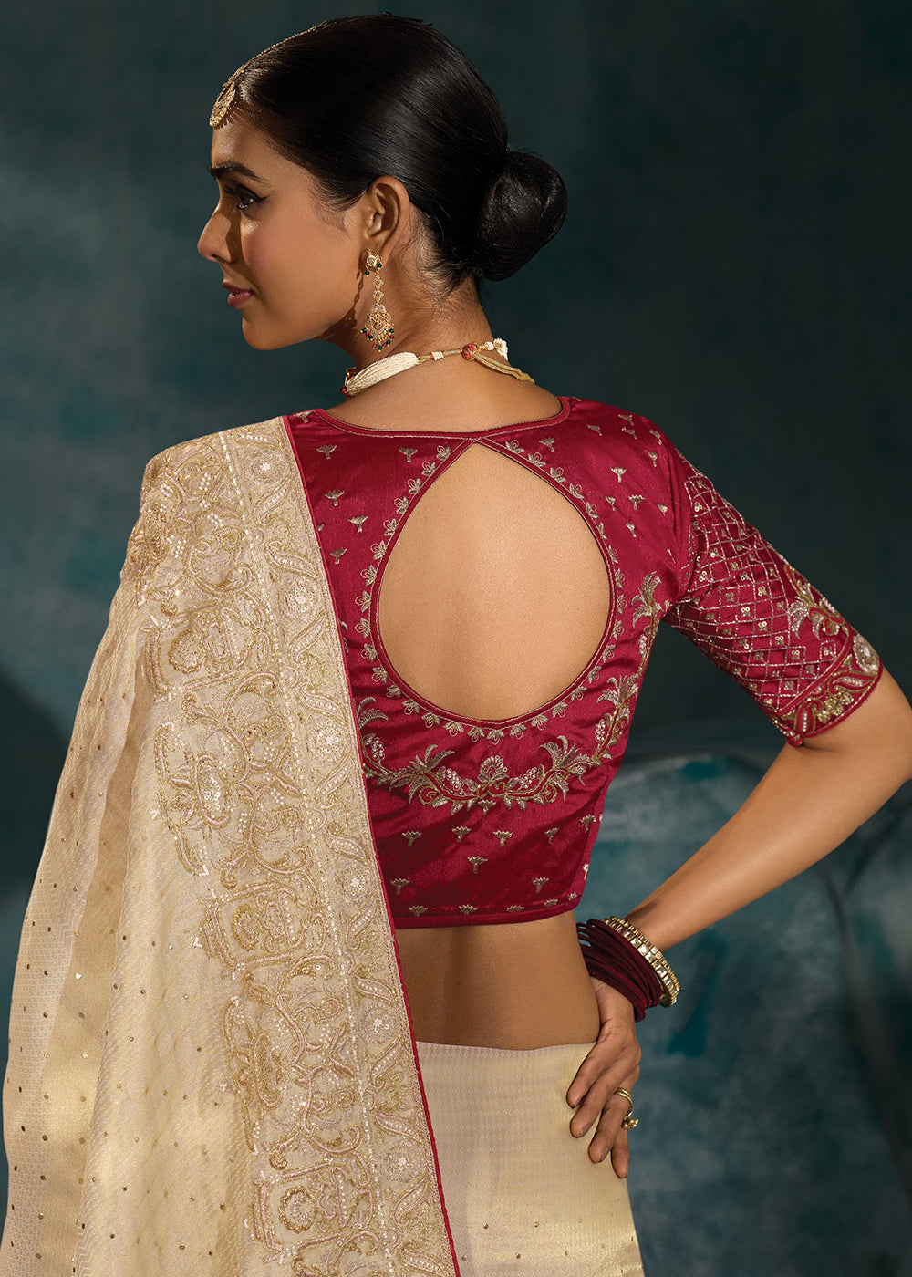 Buy Cream Silk Cut Dana & Mirror Work Designer Saree Online in US, UK, Canada, France, Germany, Italy, Denmark, Singapore, Belgium, UAE & Worldwide at Empress.