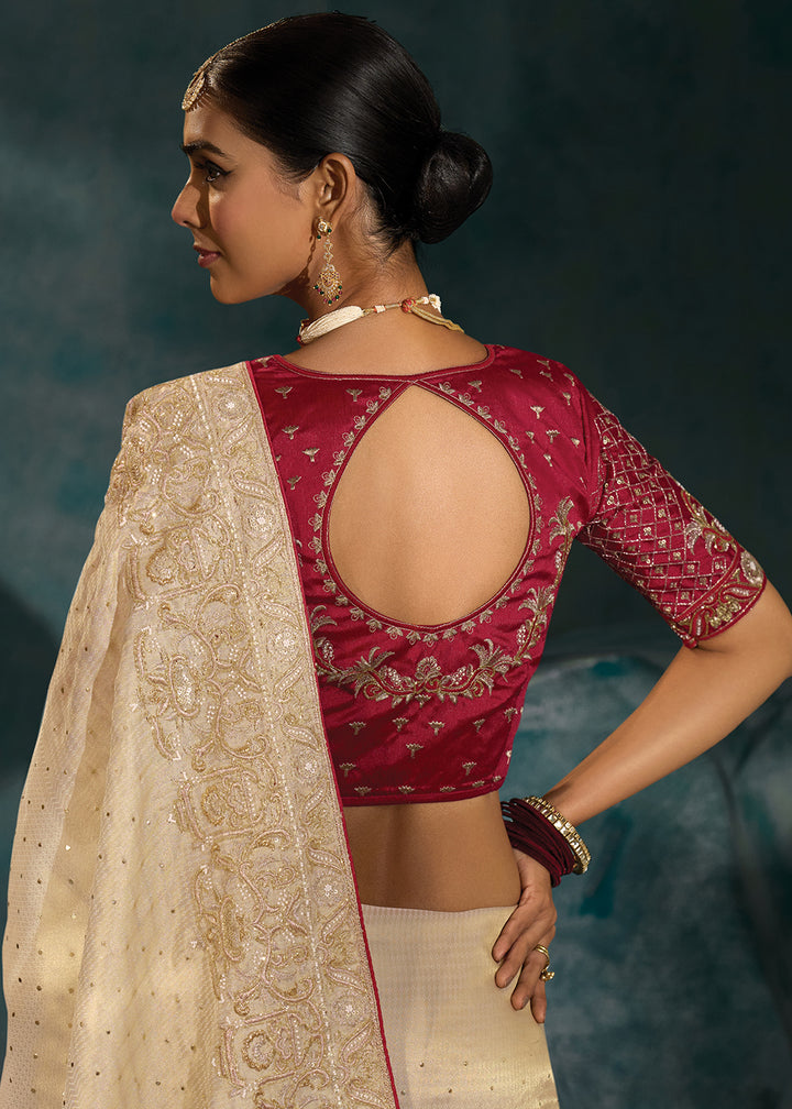 Buy Cream Silk Cut Dana & Mirror Work Designer Saree Online in US, UK, Canada, France, Germany, Italy, Denmark, Singapore, Belgium, UAE & Worldwide at Empress.