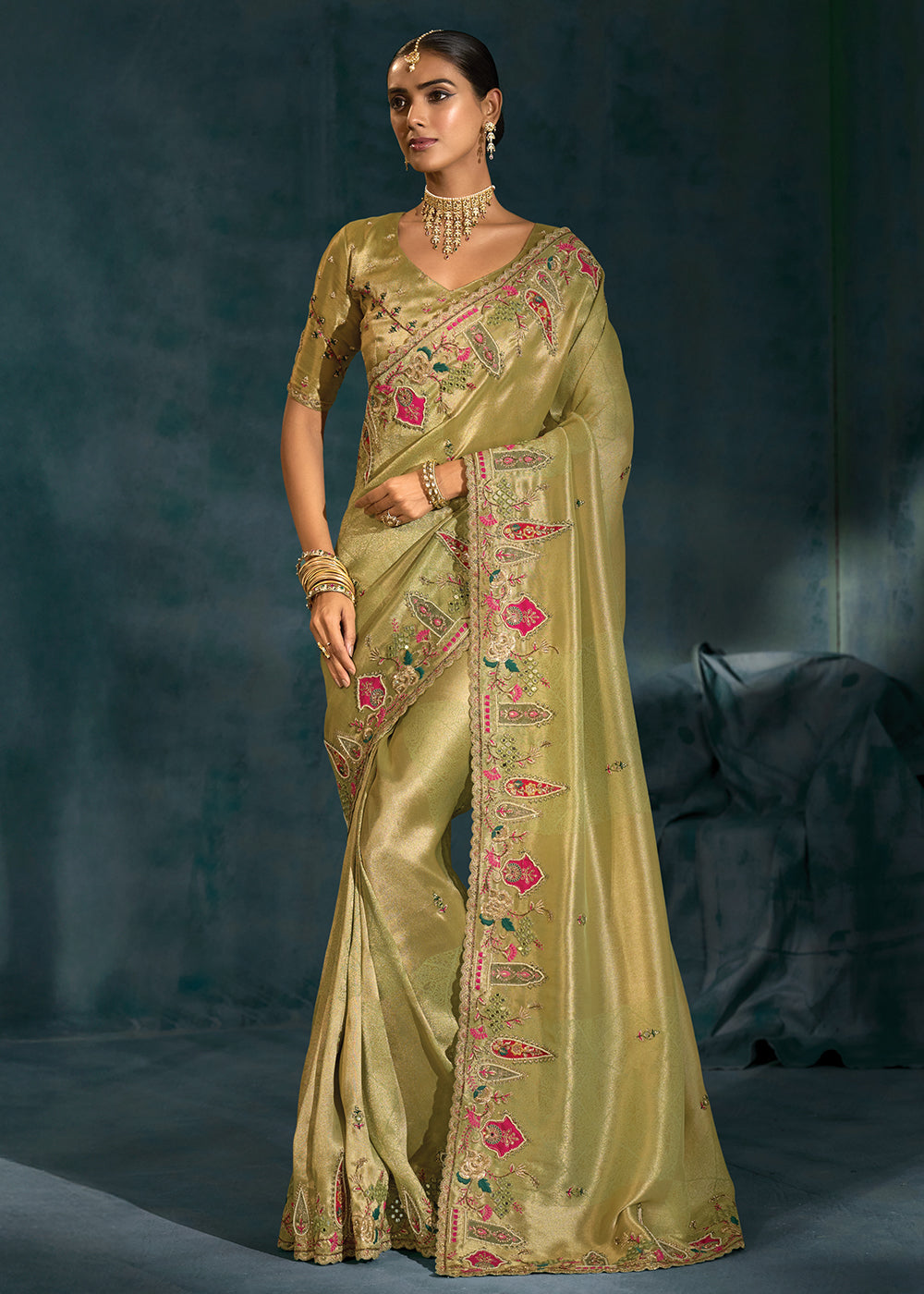 Buy Green Cut Dana & Mirror Work Designer Saree Online in US, UK, Canada, France, Germany, Italy, Denmark, Singapore, Belgium, UAE & Worldwide at Empress.