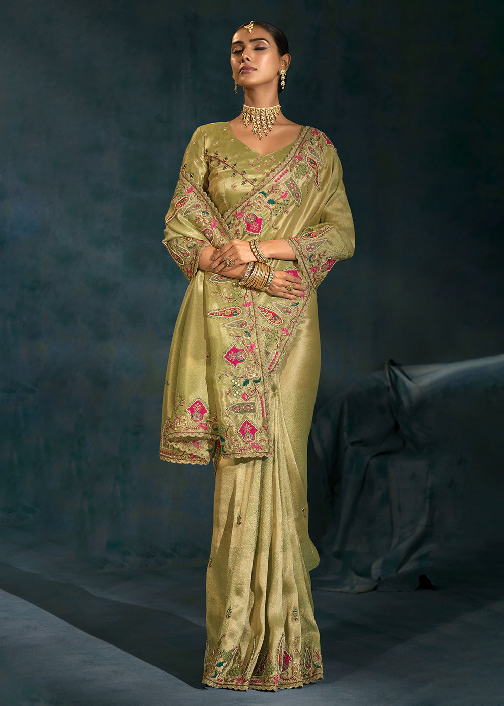 Buy Green Cut Dana & Mirror Work Designer Saree Online in US, UK, Canada, France, Germany, Italy, Denmark, Singapore, Belgium, UAE & Worldwide at Empress.