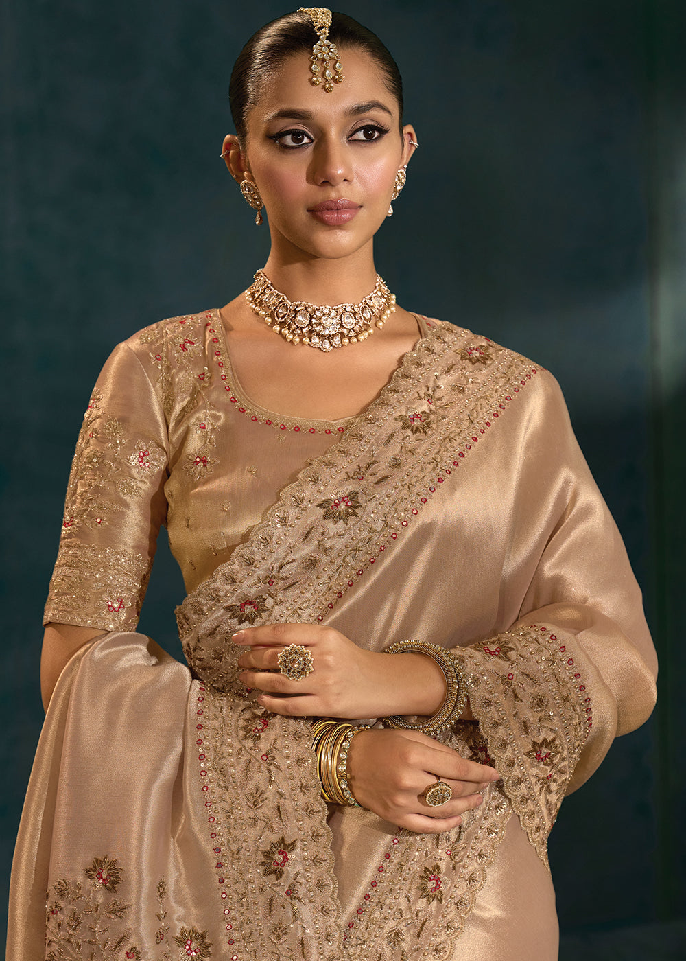 Buy Golden Cut Dana & Mirror Work Designer Saree Online in US, UK, Canada, France, Germany, Italy, Denmark, Singapore, Belgium, UAE & Worldwide at Empress.