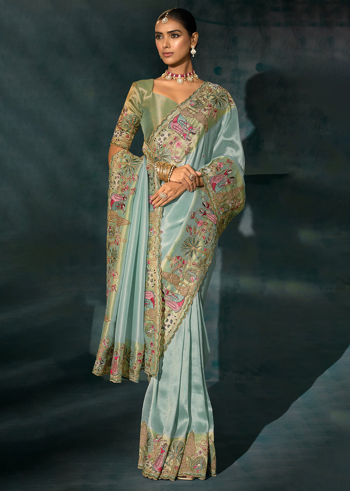 Buy Sea Green Cut Dana & Mirror Work Designer Saree Online in US, UK, Canada, France, Germany, Italy, Denmark, Singapore, Belgium, UAE & Worldwide at Empress.