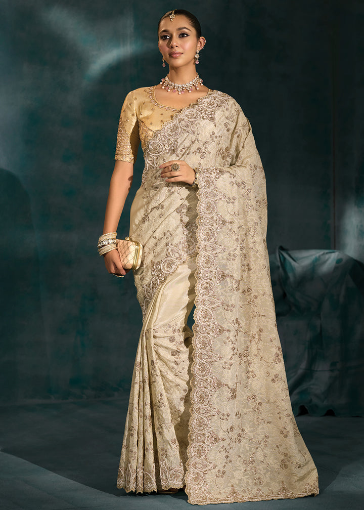 Buy Lucknowi Cream Cut Dana & Mirror Work Designer Saree Online in US, UK, Canada, France, Germany, Italy, Denmark, Singapore, Belgium & Worldwide at Empress.