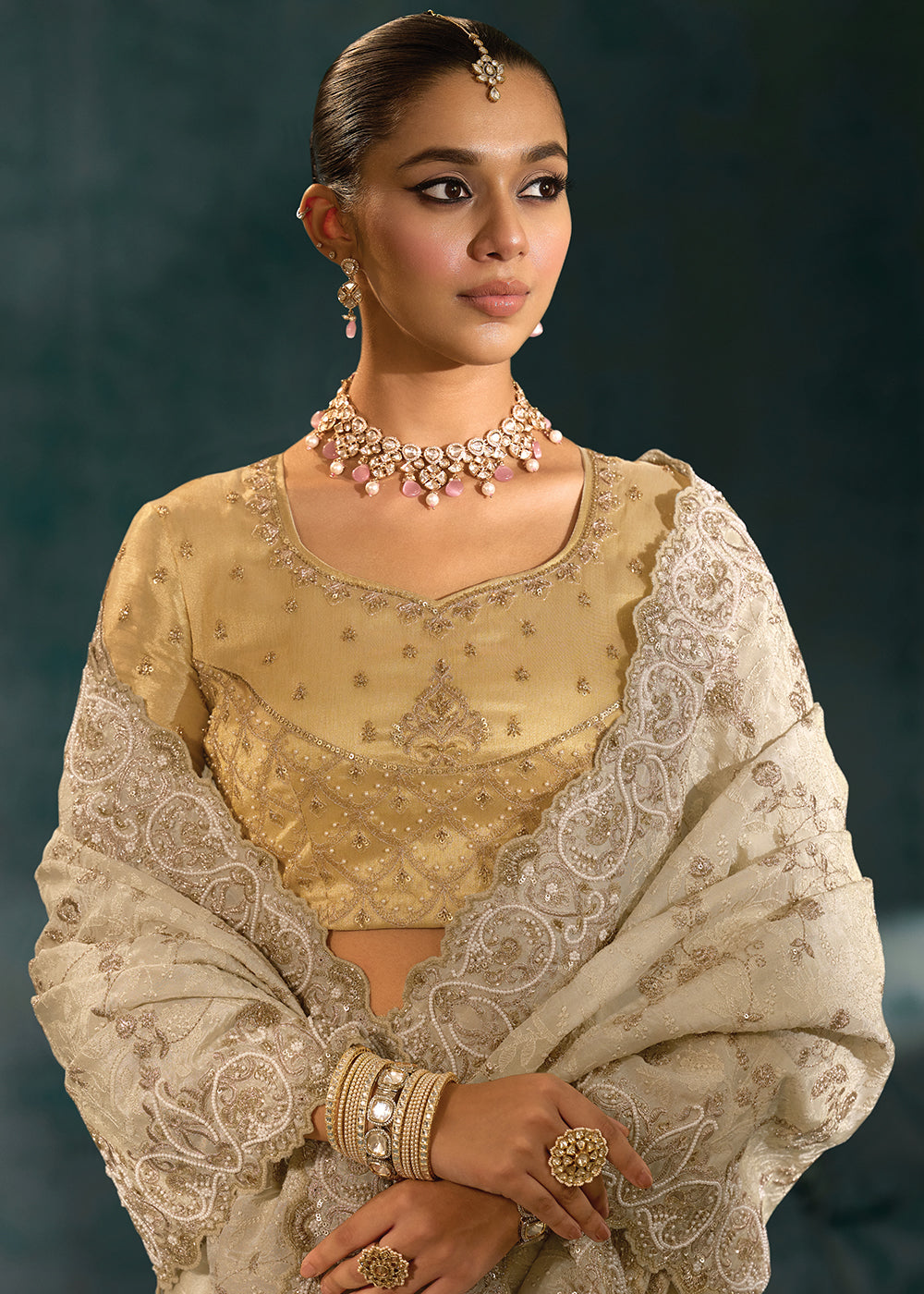 Buy Lucknowi Cream Cut Dana & Mirror Work Designer Saree Online in US, UK, Canada, France, Germany, Italy, Denmark, Singapore, Belgium & Worldwide at Empress.