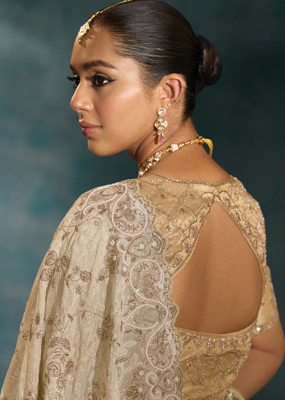 Buy Lucknowi Cream Cut Dana & Mirror Work Designer Saree Online in US, UK, Canada, France, Germany, Italy, Denmark, Singapore, Belgium & Worldwide at Empress.