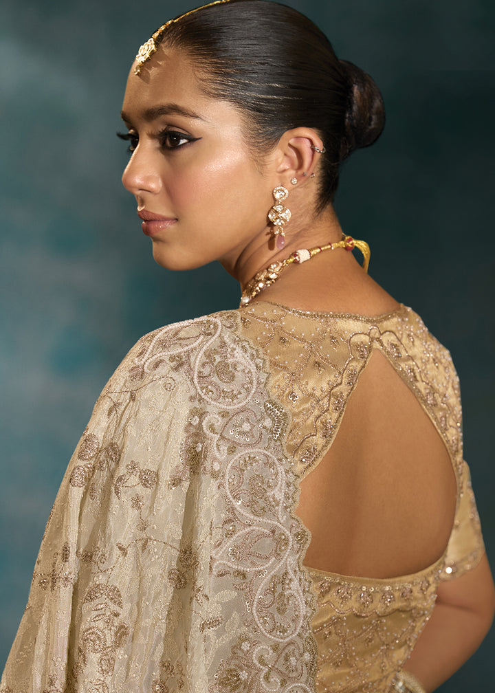 Buy Lucknowi Cream Cut Dana & Mirror Work Designer Saree Online in US, UK, Canada, France, Germany, Italy, Denmark, Singapore, Belgium & Worldwide at Empress.