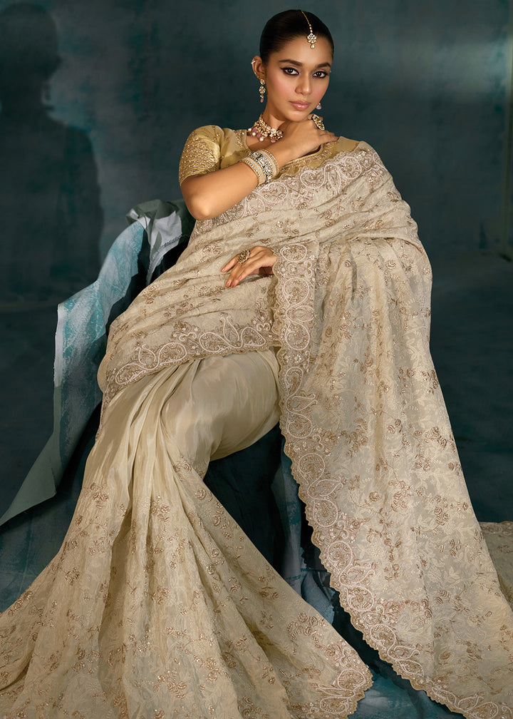 Buy Lucknowi Cream Cut Dana & Mirror Work Designer Saree Online in US, UK, Canada, France, Germany, Italy, Denmark, Singapore, Belgium & Worldwide at Empress.