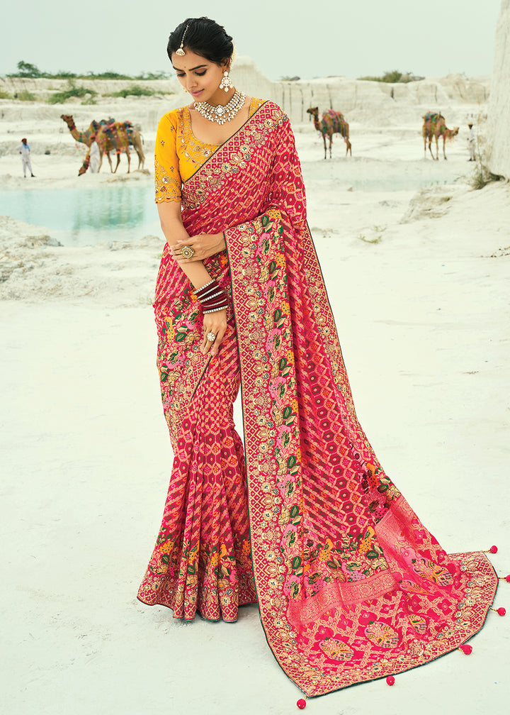 Buy Traditional Red Embroidered Bandhej Designer Saree Online in US, UK, Canada, France, Germany, Italy, Denmark, Singapore, Belgium & Worldwide at Empress.