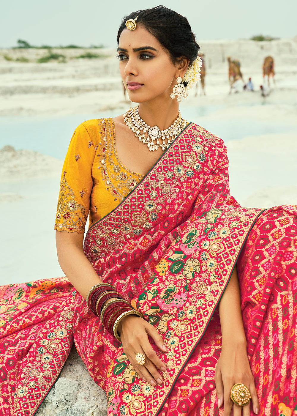 Buy Traditional Red Embroidered Bandhej Designer Saree Online in US, UK, Canada, France, Germany, Italy, Denmark, Singapore, Belgium & Worldwide at Empress.
