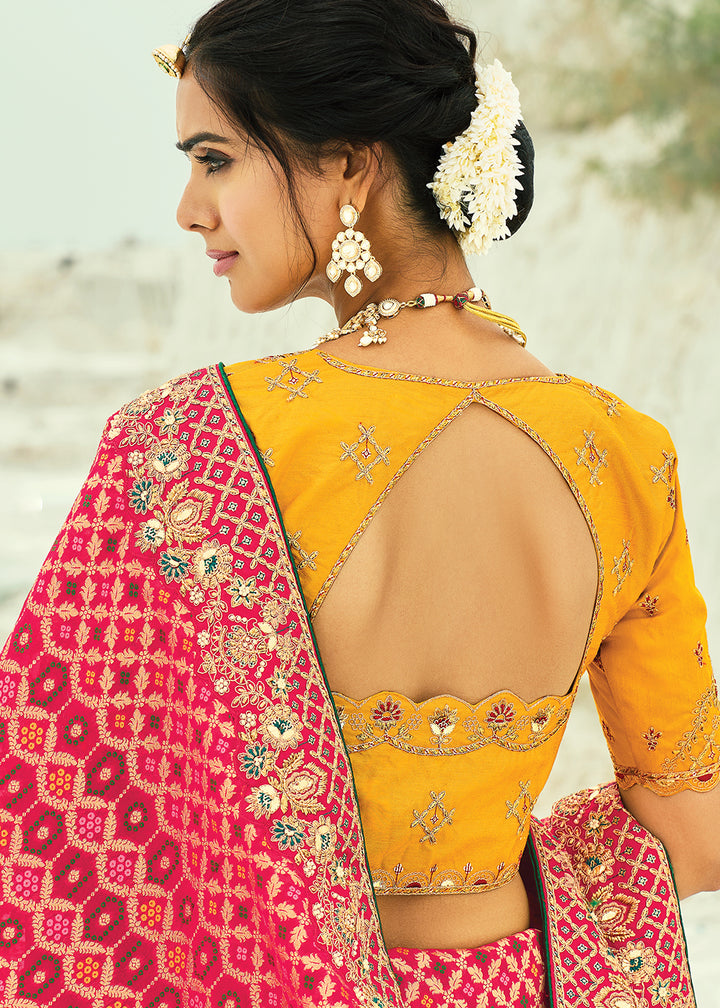 Buy Traditional Red Embroidered Bandhej Designer Saree Online in US, UK, Canada, France, Germany, Italy, Denmark, Singapore, Belgium & Worldwide at Empress.