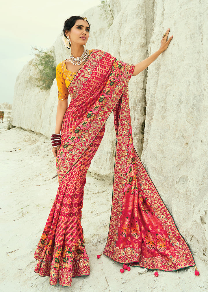 Buy Traditional Red Embroidered Bandhej Designer Saree Online in US, UK, Canada, France, Germany, Italy, Denmark, Singapore, Belgium & Worldwide at Empress.