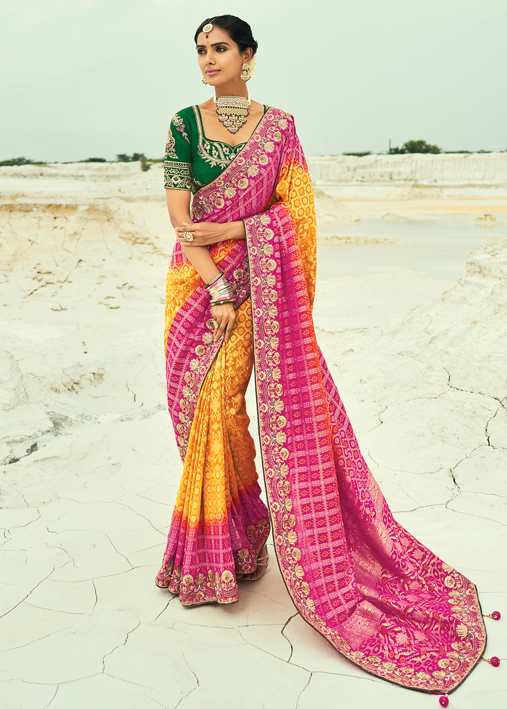 Buy Traditional Mustard Embroidered Bandhej Designer Saree Online in US, UK, Canada, France, Germany, Italy, Denmark, Singapore, Belgium & Worldwide at Empress.