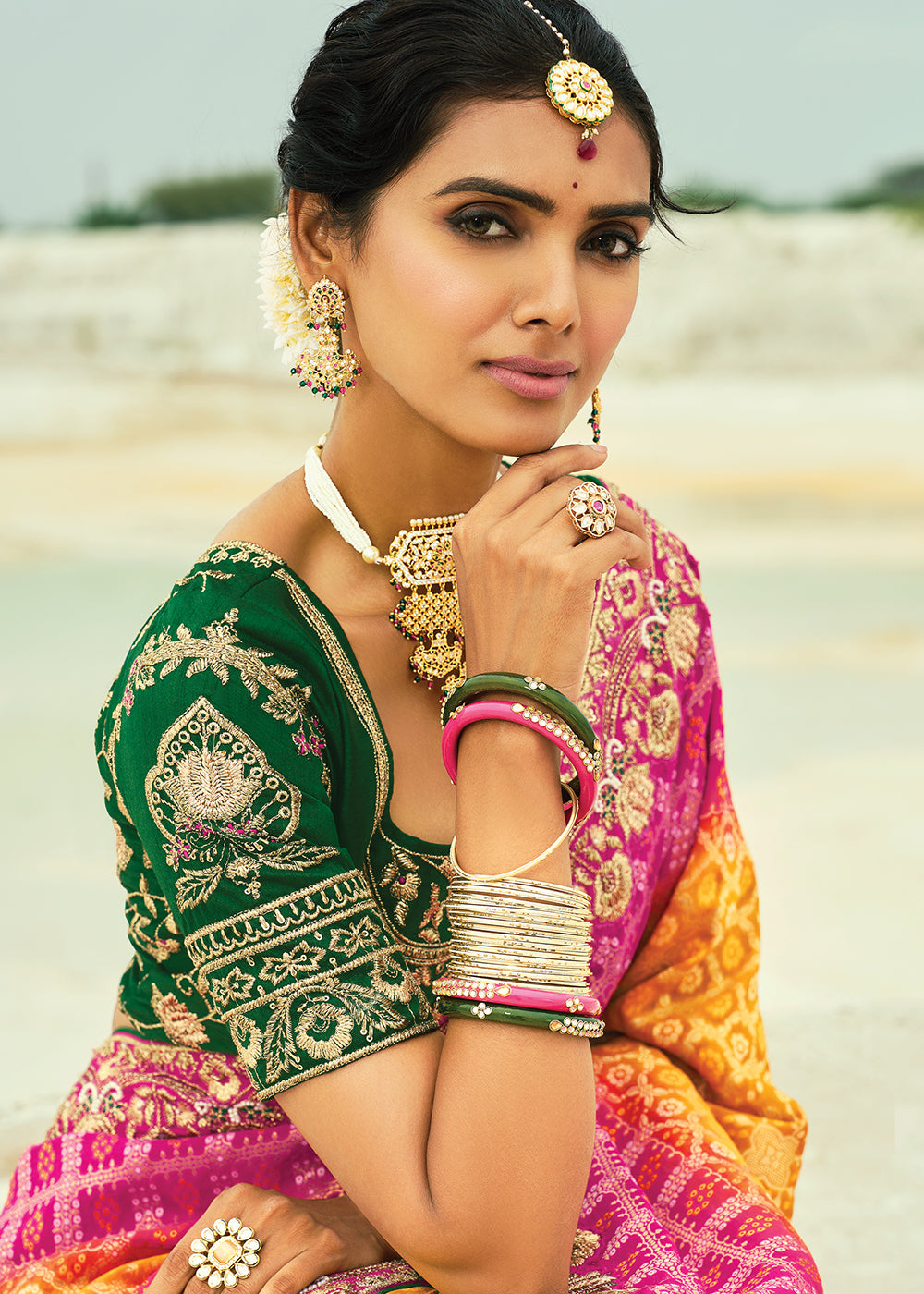 Buy Traditional Mustard Embroidered Bandhej Designer Saree Online in US, UK, Canada, France, Germany, Italy, Denmark, Singapore, Belgium & Worldwide at Empress.