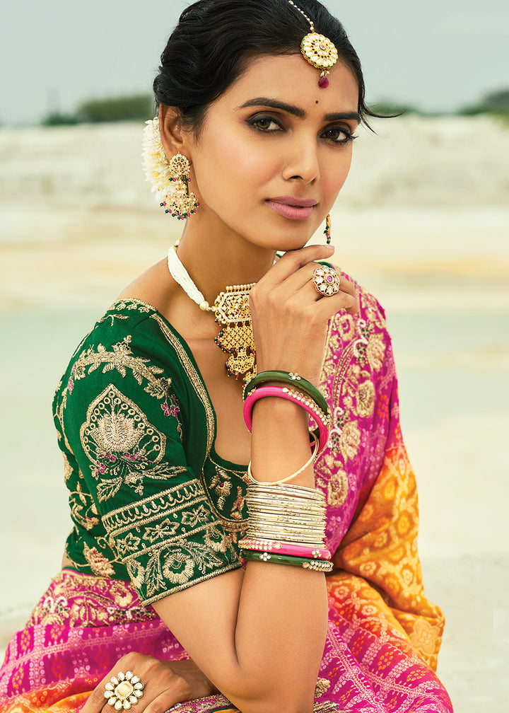 Buy Traditional Mustard Embroidered Bandhej Designer Saree Online in US, UK, Canada, France, Germany, Italy, Denmark, Singapore, Belgium & Worldwide at Empress.