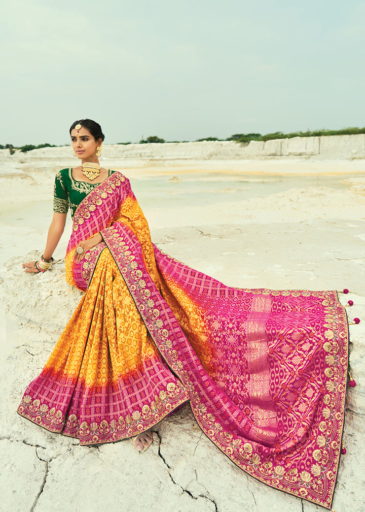 Buy Traditional Mustard Embroidered Bandhej Designer Saree Online in US, UK, Canada, France, Germany, Italy, Denmark, Singapore, Belgium & Worldwide at Empress.