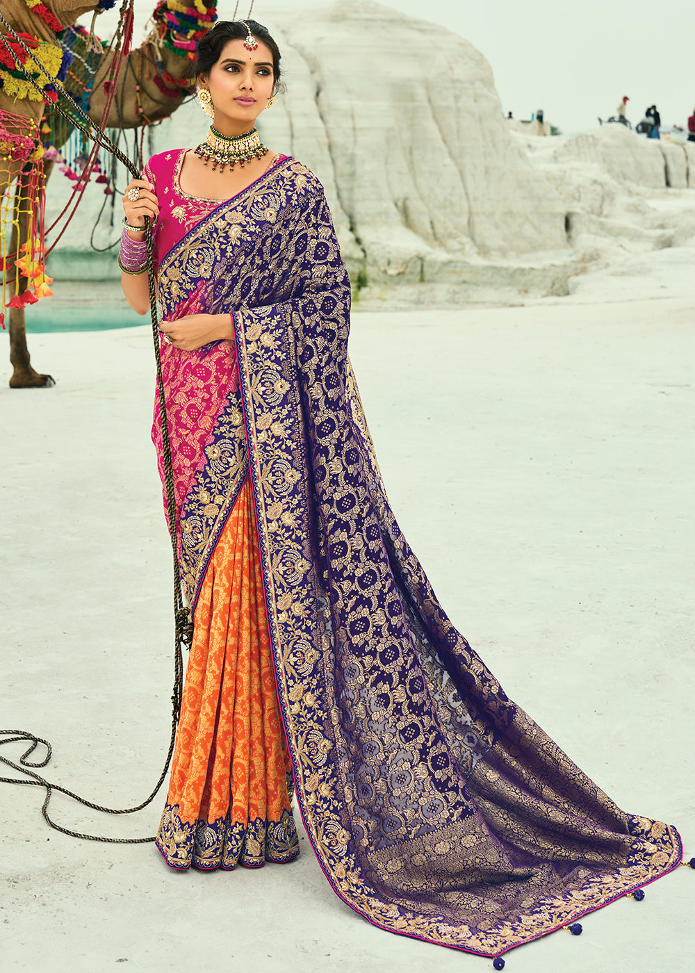 Buy Traditional Purple Embroidered Bandhej Designer Saree Online in US, UK, Canada, France, Germany, Italy, Denmark, Singapore, Belgium & Worldwide at Empress.