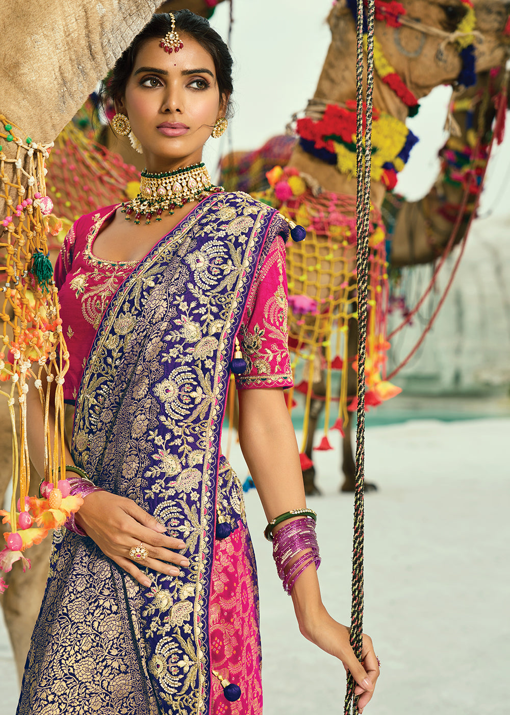 Buy Traditional Purple Embroidered Bandhej Designer Saree Online in US, UK, Canada, France, Germany, Italy, Denmark, Singapore, Belgium & Worldwide at Empress.